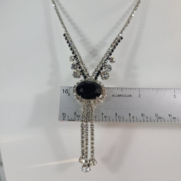 Vintage Y Drop Necklace Black Clear Faceted Rhinestone Crystal Fold Over Clasp - Picture 5 of 10